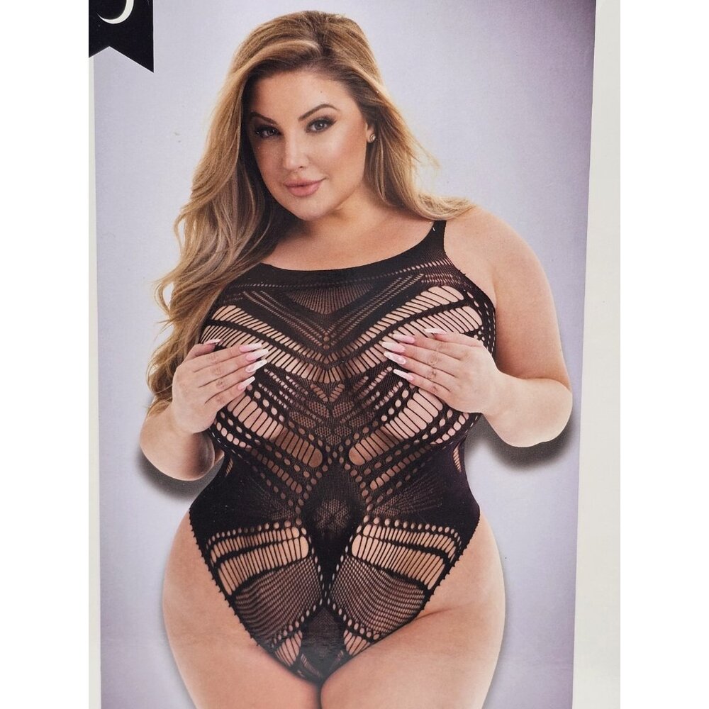 Baci Lingerie Women's Queen Size 14-18 Black Mesh Sheer Sexy Jacquard Bodysuit